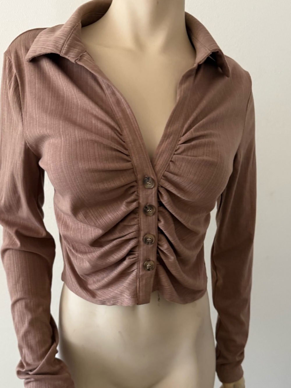 Ruched Button-Front Long Sleeve Top - Mauve Pink